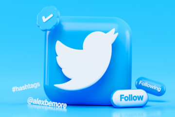 The twitter logo is front and centre surrounded by hashtags, handles and the follow button