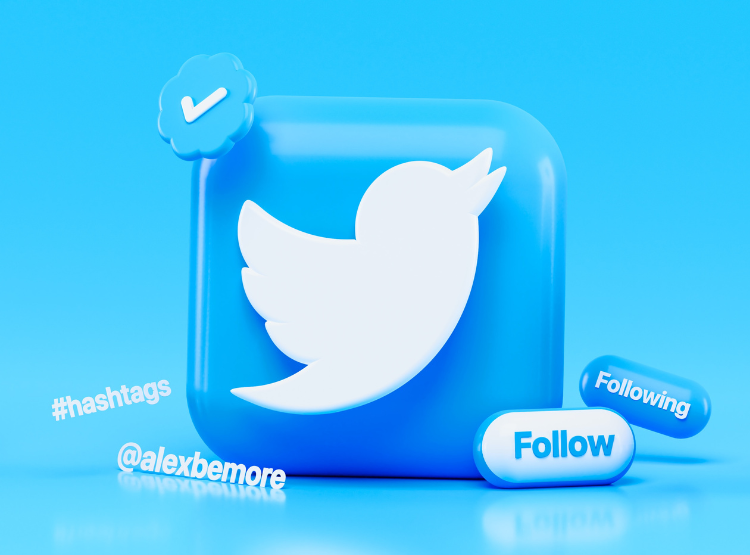 The twitter logo is front and centre surrounded by hashtags, handles and the follow button